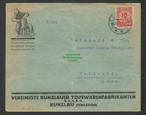 B6052 Brief Deutsches Reich 1923 Bunzlau Bunzlauer Topfwarenfabrikanten Werbung