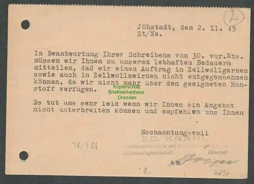 B6294 Postkarte SBZ Gebühr bezahlt 1945 Jöhstadt Ecena Strümpfe n. Chemnitz