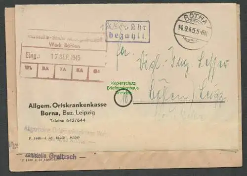 B6097 Brief SBZ Gebühr bezahlt 1945 Rötha Ortskrankenkasse Notumschlag