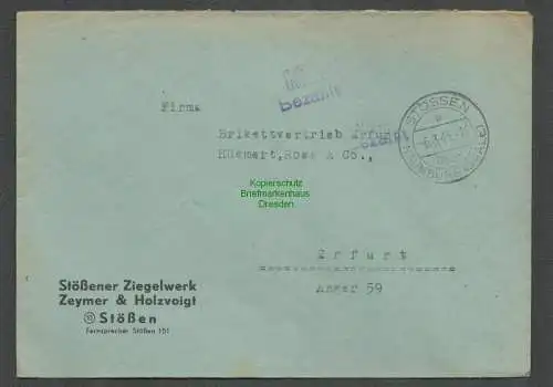 B6121 Brief SBZ Gebühr bezahlt 1946 Stössen über Namburg Saale Ziegelwerk nach