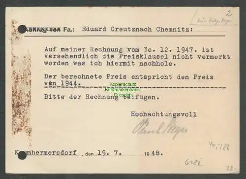 B6182 Postkarte SBZ Gebühr bezahlt 1948 Krumhermersdorf Amt Zschopau