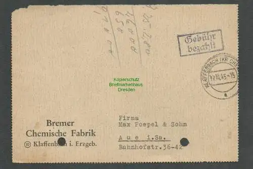 B6192 Briefteil SBZ Gebühr bezahlt 1945 Klaffenbach Bz. Chemnitz Bremer  Fabrik