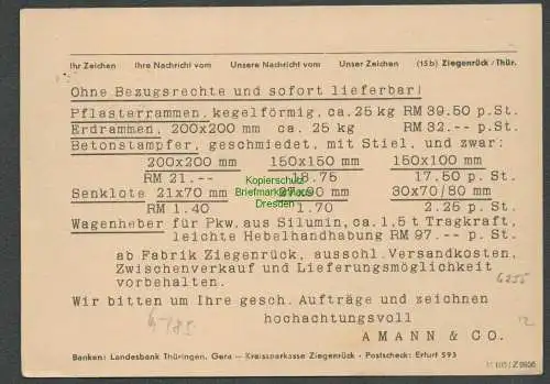 B6255 Postkarte SBZ Gebühr bezahlt 1945 Ziegenrück Amann Feldbahnen Normalbahnen