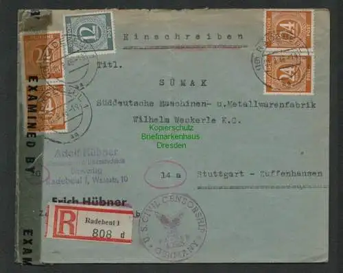 B6982 Brief SBZ Radebeul 1946 Civil Censorship 40585 nach Stuttgart Zuffenhausen