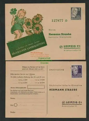 B6969 2x Karte SBZ 212 213 Sächsische Landeslotterie 1948 1950 ungebraucht