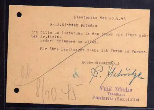 B660 Karte SBZ Gebühr bezahlt 1945 Piesteritz Bez. Halle Textilhaus Schulze nach