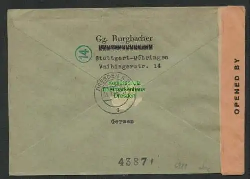 B6988 Brief Möhringen Filder Stuttgart n. Dresden Military Censorship 04381 1946