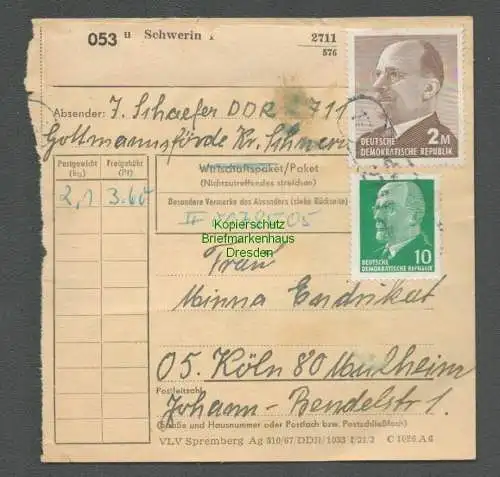 B6549 Paketkarte DDR Ulbricht Schwerin - Köln Mülheim um 1967 laut Druckvermerk