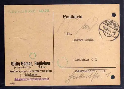 B695 Karte SBZ Gebühr bezahlt 1945 Roßleben Unstrut Fahrschule Willy Becker