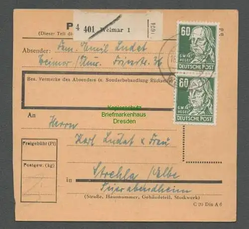 B6560 DDR Paketkarte Weimar MeF 1952 SBZ 225 nach Strehla Elbe