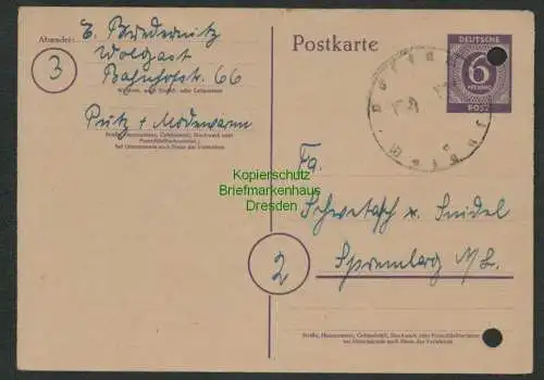 B6995 Ganzsache Notstempel Wolgast 26.2.46 nach Spremberg 1946 SBZ