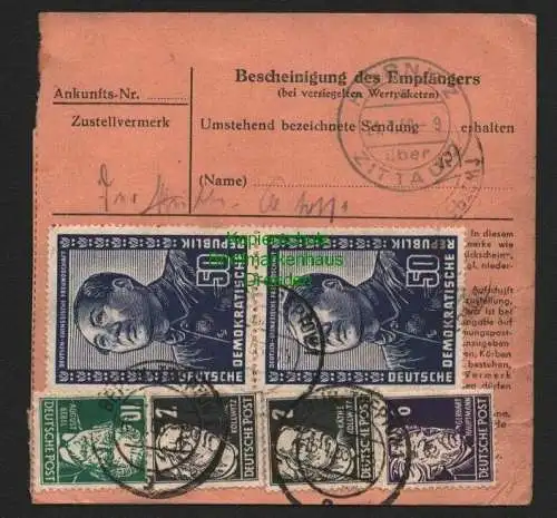 B7091 DDR Paketkarte 1953 2x 288 Deutsch-Chinesische Freunschaft Berlin Treptow