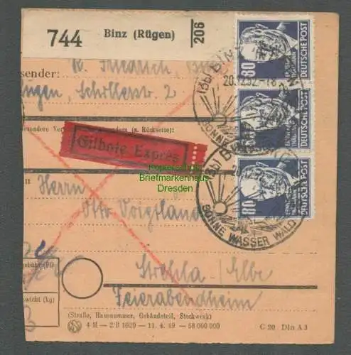 B6561 DDR Paketkarte Binz Rügen MeF 1952 SBZ 226 nach Strehla Elbe