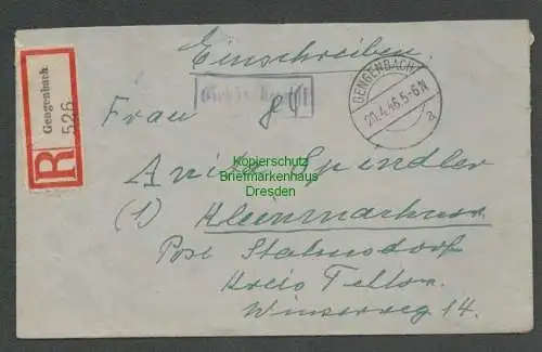 B6807 Gebühr bezahlt Gengenbach Einschreiben nach Kleinmachnow Kr. Teltow 1946