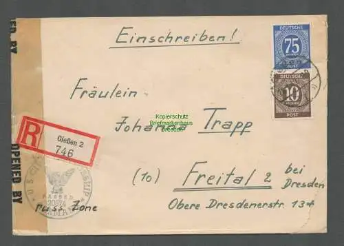 B6553 Brief Einschreiben Gießen 1947 US Zensur Passed 20574 Freital Civil mails