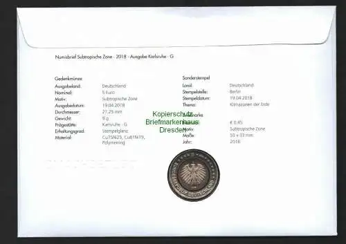 B7207 5 Euro 2020 F Subtropische Zone Numisbrief Deutschland 2018