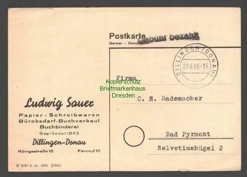 B7821 Postkarte Gebühr bezahlt Dillingen Donau 1946 nach Bad Pyrmont