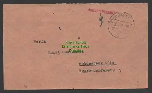 B7476 SBZ Währungsreform Brief Gebühr bezahlt Schönebeck Elbe 26.7.48