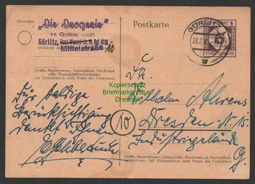 B7332 Postkarte Lokalausgabe Görlitz 28.7.45 Bedarf Drogerie Golibersuch