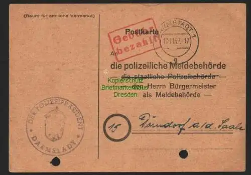 B7301 Karte gebühr bezahlt Polizeipräsident Darmstadt 1947 nach Dorndorf Saale