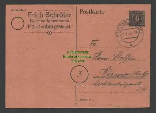 B7649 SBZ Mecklenburg Ganzsache 6 Pfg. schwarz gebraucht Fürstenberg 1946