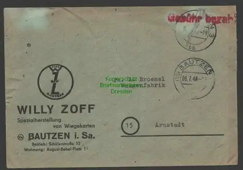 B7493 SBZ Währungsreform Brief Gebühr bezahlt Bautzen 06.7.48 nach Arnstadt