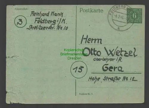 B7638 SBZ Mecklenburg Ganzsache 6 Pfg. gebraucht Feldberg Meckl. 1946