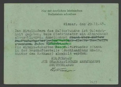 B7639 SBZ Mecklenburg Ganzsache 6 Pfg. gebraucht Wismar 1945 Kulturbund