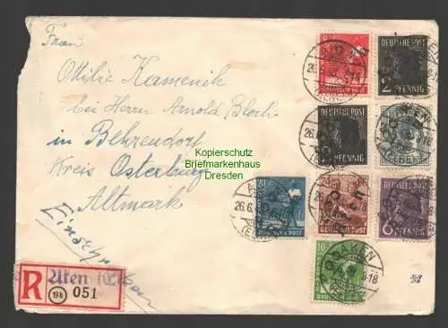 B7555 SBZ Bezirkshandstempel 8 Werte 2° Aken auf R-Brief gepr. Dr. Kalb BPP