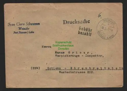 B7278 Brief Gebühr bezahlt Weinähr über Nassau Lahn 1947 nach Koblenz Ehrenbreit