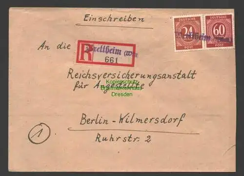 B7579 Alliierte Besetzung Einschreiben Brief Brettheim Württ. Notstempel 1946