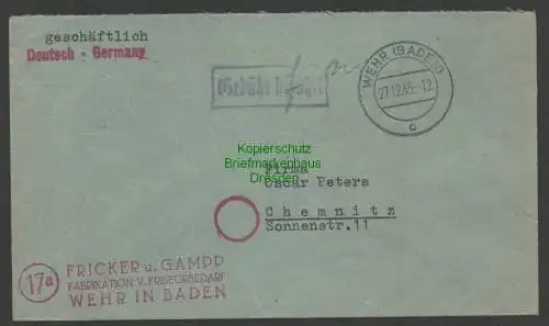 B7484 Brief Gebühr bezahlt 1945 Wehr Baden nach Chemnitz Frikker u. Gampp