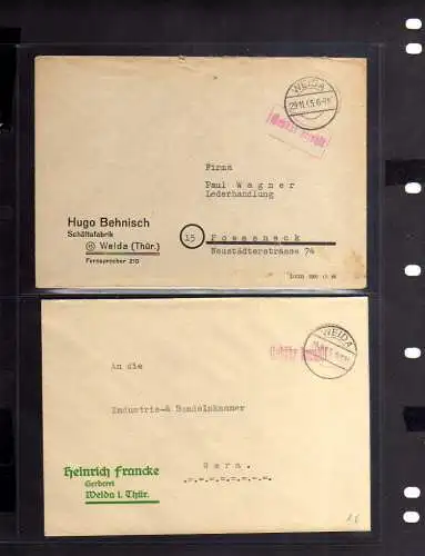 B821 2x SBZ Brief Gebühr bezahlt 1945 Weida Thür. Schäftefabrik Behnisch Gerbere