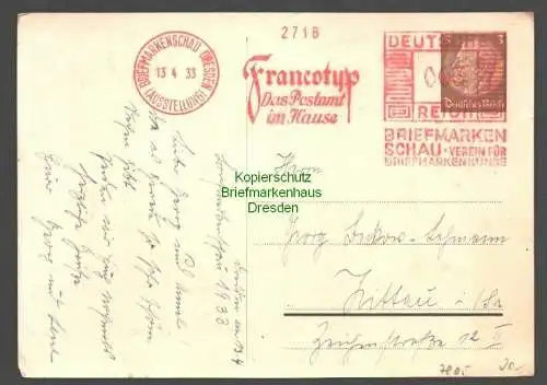 B7805 Deusches Reich 1933 Privatganzsache Briefmarkenschau Dresden roter Franco