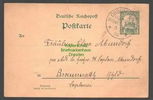 B7764 Deutsch Südwestafrika Postkarte Grootfontein 1903 n. Braunsrath Rheinland