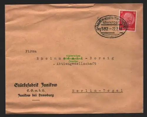 B8821 DR Brief Bahnpost Rhunow Neustettin Firchau 1939 Stärkefabrik Janikow bei