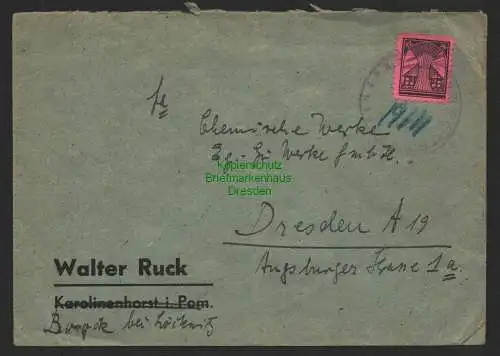 B8677 Brief SBZ Mecklenburg Boock bei Löcknitz 1945 Bedarf an Eg-Gü nach Dresden