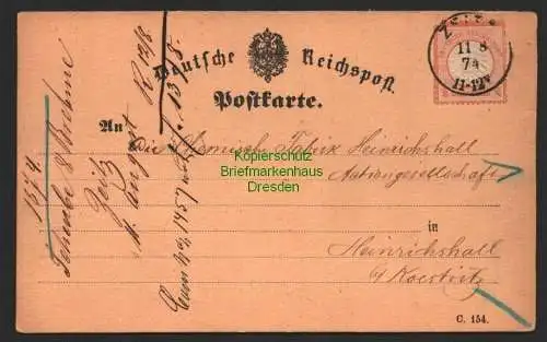 B8631 DR 18 grosses Brustschild Correspondenz Karte Zeitz 1874 n. Heinrichshall