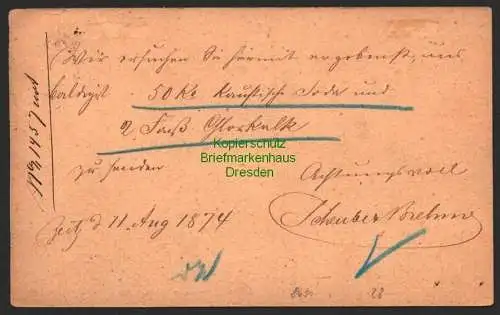 B8631 DR 18 grosses Brustschild Correspondenz Karte Zeitz 1874 n. Heinrichshall