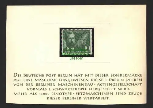 B8670 Berlin 117 Ottmar Mergenthaler ** auf Geschenkkarte m anlassbezogenem Text