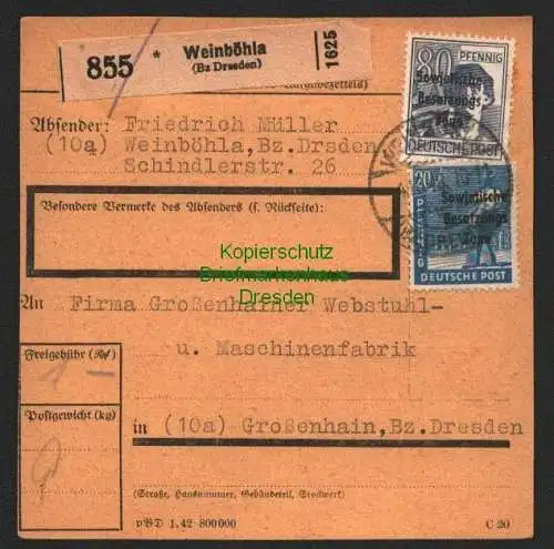 B8462 SBZ komplettes Paketkarten Maschinenaufdruck Weinböhla Bz. Dresden 4.11.48