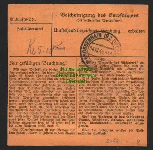 B8462 SBZ komplettes Paketkarten Maschinenaufdruck Weinböhla Bz. Dresden 4.11.48