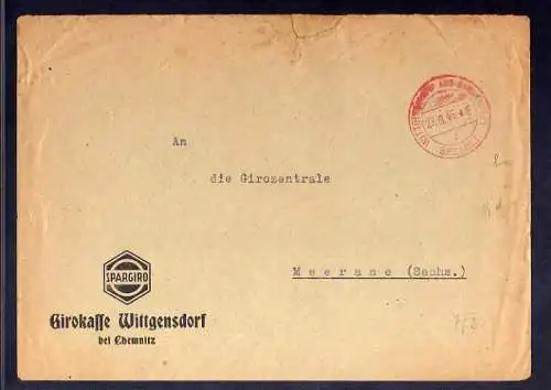 B842 SBZ Brief Gebühr bezahlt 1945 Wittgensdorf bei Chemnitz Girokasse Spargiro