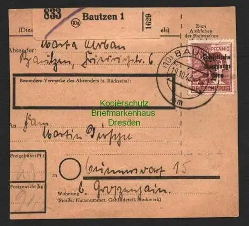 B8578 SBZ A195 EF Paketkarte Bautzen 1948 nach Cunnersdorf bei Grossenhain