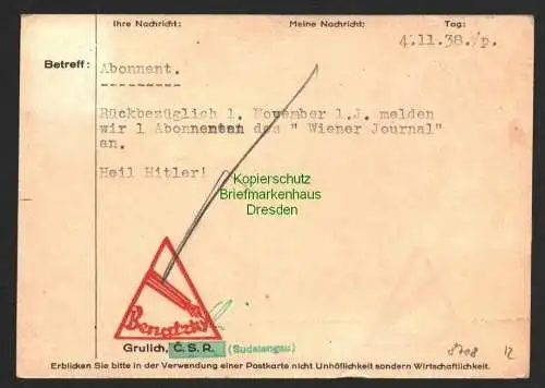 B8708 Postkarte Grulich Sudetengau 1939 Notstempel Befreiungsstempel