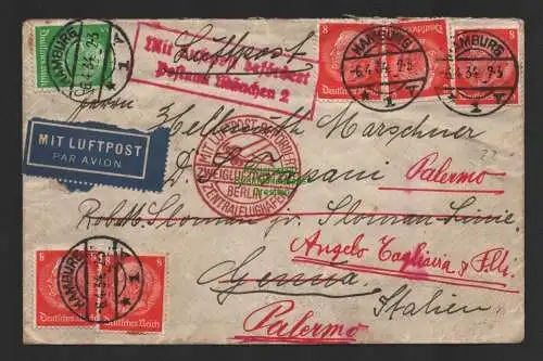 B8929 DR Brief Deutsche Luftpost Hamburg 1934 nach Genua Nachsendung Palermo