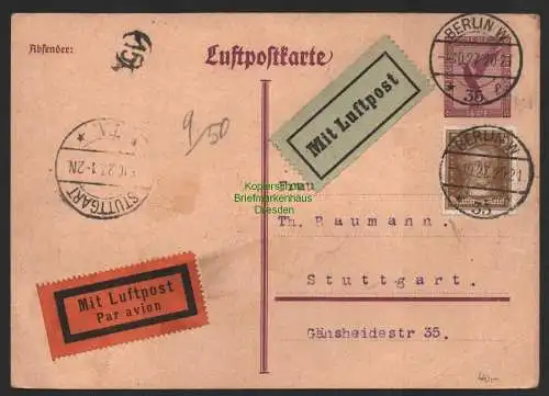 B8890 Deutsches Reich Luftpost 1927 Ganzsache Luftpostkarte Berlin - Stuttgart