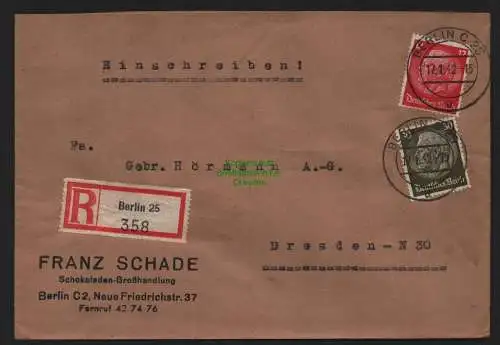 B9068 R-Brief Gebr. Hörmann A.-G. Berlin 25 358  1942 Franz Schade  Schokoladen