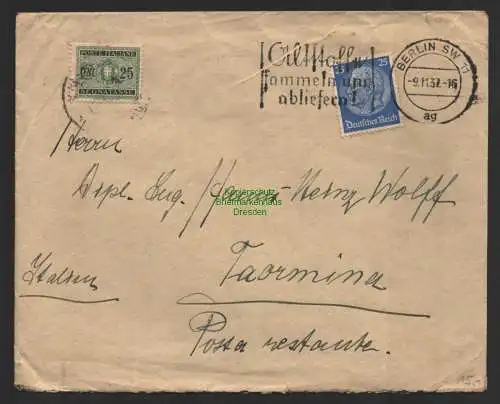 B8957 Brief Berlin SW 11 nach Taormina Sizilien Italien 1937 Messina