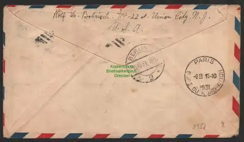 B8952 USA Brief Luftpost Air mail Union City USA via France Paris 1931